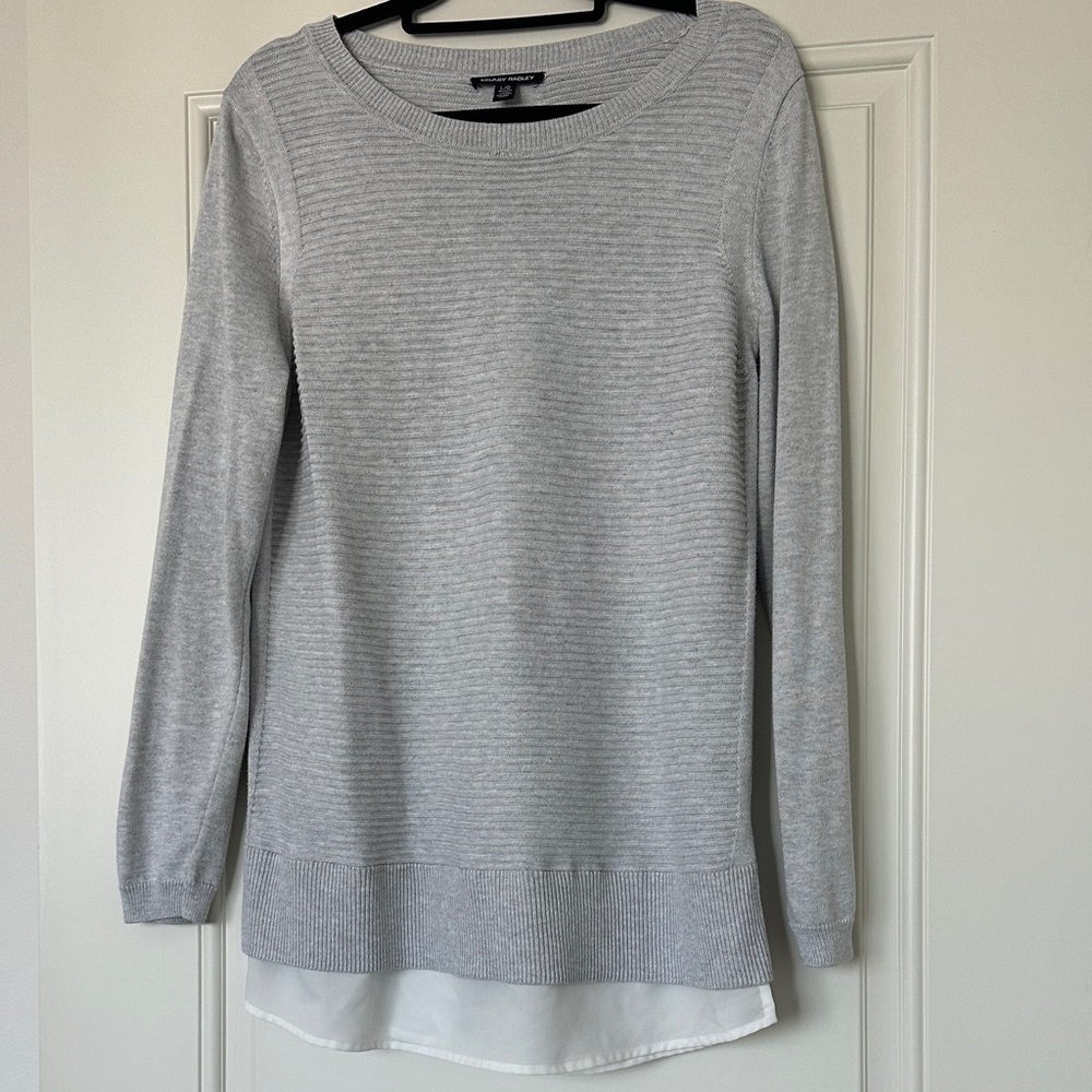 Hilary Radley Light Gray Layered Hem Crew Neck Sweater
